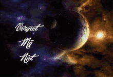 a purple and green background with the words vergeet mij niet in white letters