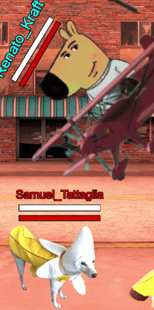 a dog in a banana costume is being attacked by samuel tattaglia in a video game