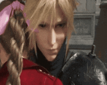 a close up of a video game character with a braided hair