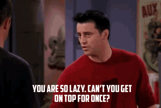 a man in a red shirt says 