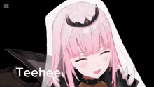 a pink haired anime girl with a crown on her head says teehee .