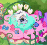 a cartoon character is sitting on top of a pink flower shaped cake
