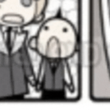 a cartoon of a man in a suit and tie standing next to a monkey .
