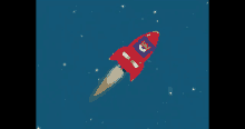 a red rocket with a purple and orange logo on it