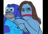 a cartoon of a woman hugging a blue gorilla with a sad face