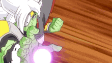 a cartoon character with green hair and white hair is holding a purple object .
