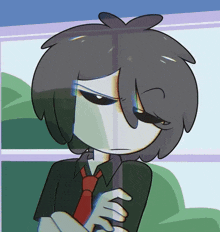 a cartoon character with a black shirt and red tie is looking out a window
