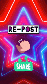 a neon sign that says re-post with a share button