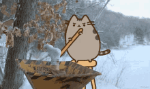 a cartoon cat is standing next to a dumpster and holding a stick in its mouth .