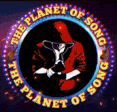 a logo for the planet of song shows a man in a red hoodie