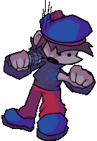 a cartoon character with a blue hat and a purple shirt with a cross on it