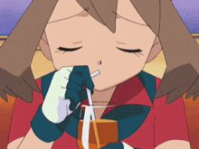 a cartoon girl is drinking orange juice with a straw