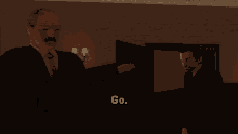 a man in a suit and tie stands next to another man in a dark room with the words go written on the wall