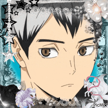 a picture of a man with a crown on his head is surrounded by flowers and stars and says picmix on the bottom