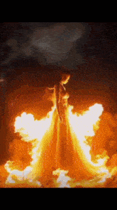 a woman in a fire dress is surrounded by fire