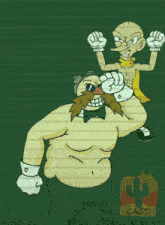 a cartoon of a man with a mustache standing next to another man with no shirt on