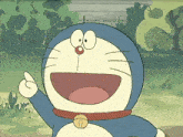 a cartoon character with a bell around his neck is waving his hand