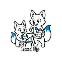 a sticker of two foxes with the words level up written below them
