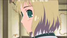 a cartoon character with blonde hair and green eyes looks to the side