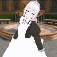 a maid with white hair is standing in front of a water fountain