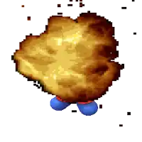 a pixel art drawing of a piece of bread with blue legs
