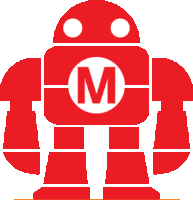 a red robot with the letter m in the middle