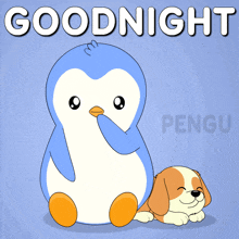a penguin sitting next to a dog with the words goodnight written above it