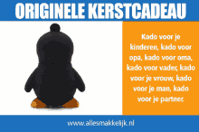 a picture of a black penguin with the words originele kerstcadeau written above it