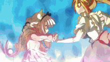 two anime girls are holding hands in front of a blue sky in a cartoon .