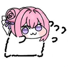 a cartoon girl with pink hair and purple eyes is holding a white box .