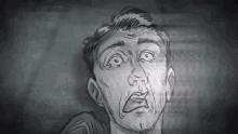 a black and white drawing of a man 's face with a shocked look on his face .