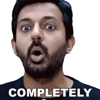 a man with a surprised look on his face has the word completely written on the bottom