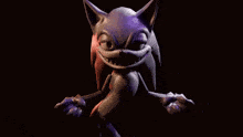 a 3d model of a cartoon character , sonic the hedgehog , is making a funny face in the dark .