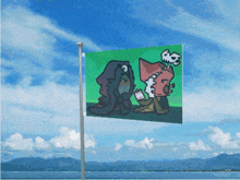 a green flag with a picture of a man and a woman