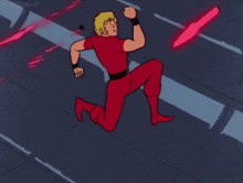 a cartoon character in a red suit is running through a red light beam