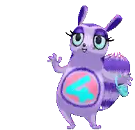 a purple cartoon animal with a pink and blue circle around its belly