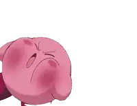 a pink kirby cartoon character is flying in the air with his mouth open