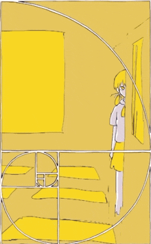 a drawing of a girl standing in a room with a golden spiral around her
