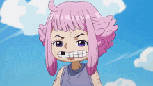 a girl with pink hair and purple eyes is making a funny face