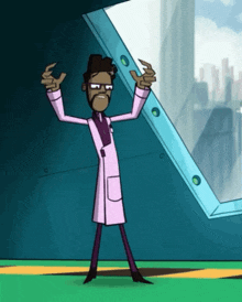 a cartoon character is standing in front of a window