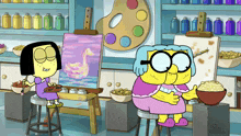 a cartoon drawing of a girl painting a duck