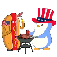 a hot dog and a penguin are grilling sausages on a grill
