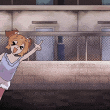 a cartoon of a girl pointing at something behind a chain link fence