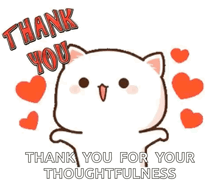 a cartoon cat is saying `` thank you for your thoughtfulness '' surrounded by hearts .
