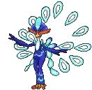 a pixel art drawing of a peacock with feathers spread out .