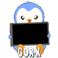 a penguin is holding a sign that says gork on it