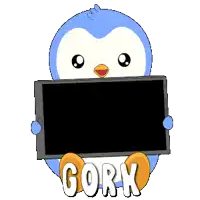 a penguin is holding a sign that says gork on it
