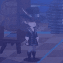 a cartoon character wearing a cowboy hat and boots is standing in a dark room .