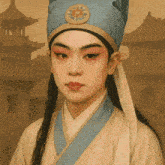 a painting of a man wearing a blue hat and a white robe