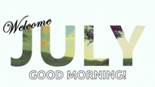 the word july is surrounded by fireworks and says welcome july good morning